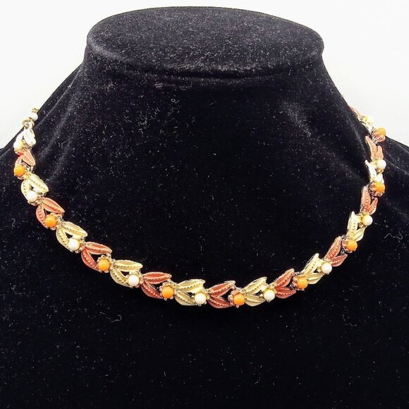 Vintage Pakula Orange Cream Enamel White Beaded Necklace - Picture 1 of 6